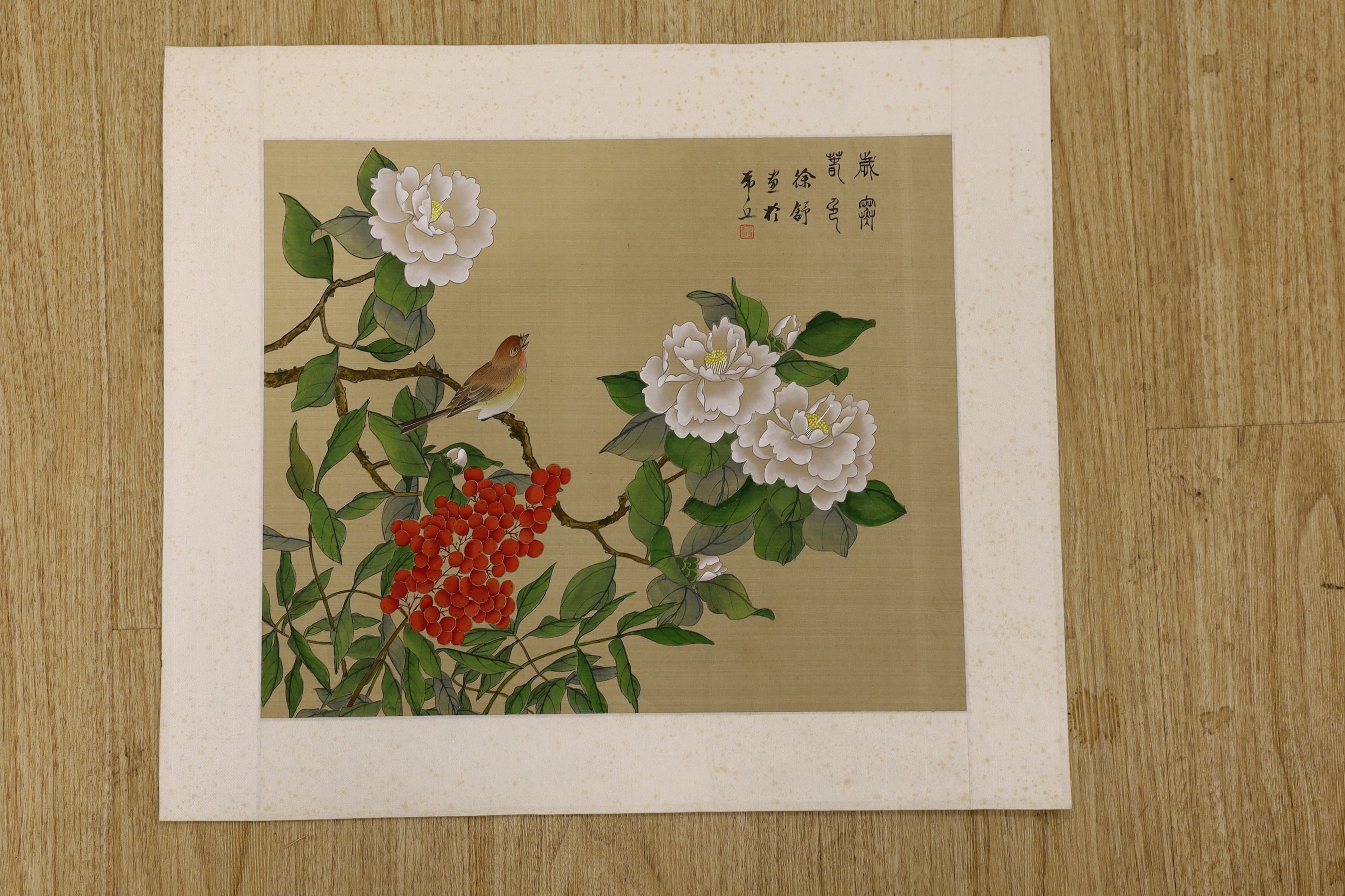 Chinese School, four paintings on silk, butterflies amid blossoming branches, 30 cm X 36 cm